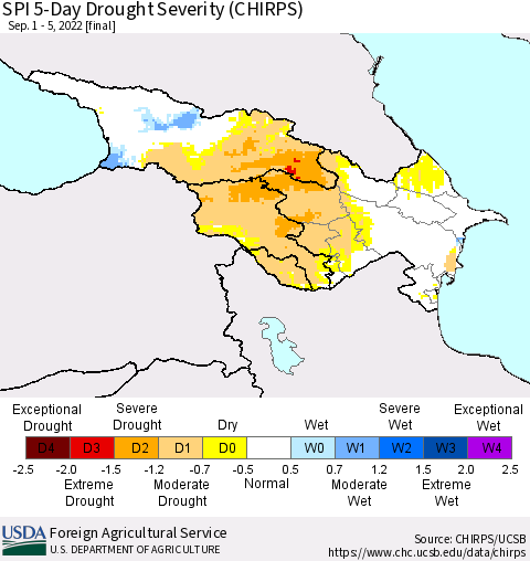 Azerbaijan, Armenia and Georgia SPI 5-Day Drought Severity (CHIRPS) Thematic Map For 9/1/2022 - 9/5/2022
