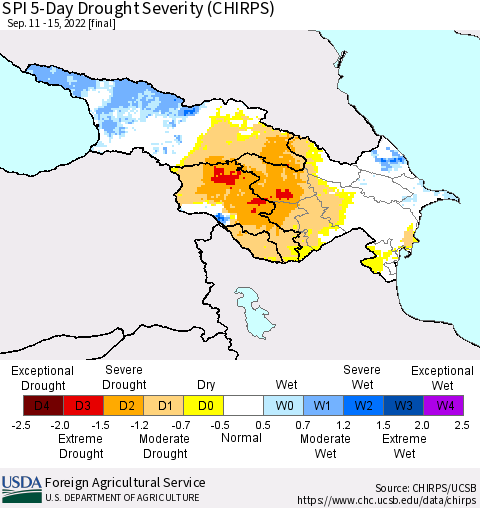 Azerbaijan, Armenia and Georgia SPI 5-Day Drought Severity (CHIRPS) Thematic Map For 9/11/2022 - 9/15/2022