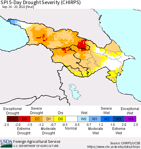Azerbaijan, Armenia and Georgia SPI 5-Day Drought Severity (CHIRPS) Thematic Map For 9/16/2022 - 9/20/2022