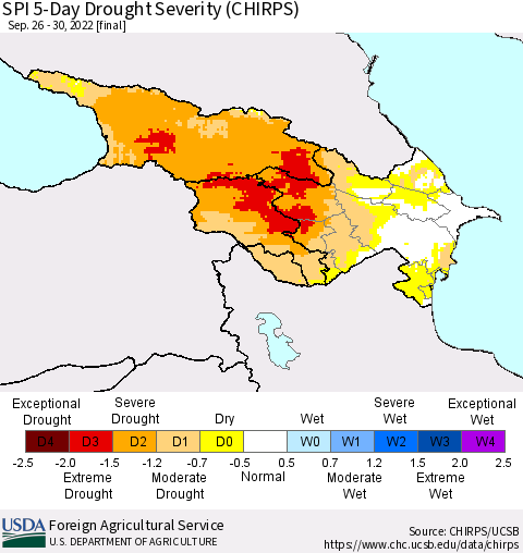 Azerbaijan, Armenia and Georgia SPI 5-Day Drought Severity (CHIRPS) Thematic Map For 9/26/2022 - 9/30/2022