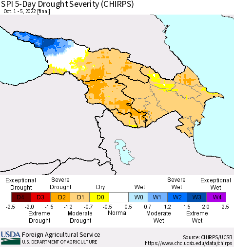 Azerbaijan, Armenia and Georgia SPI 5-Day Drought Severity (CHIRPS) Thematic Map For 10/1/2022 - 10/5/2022