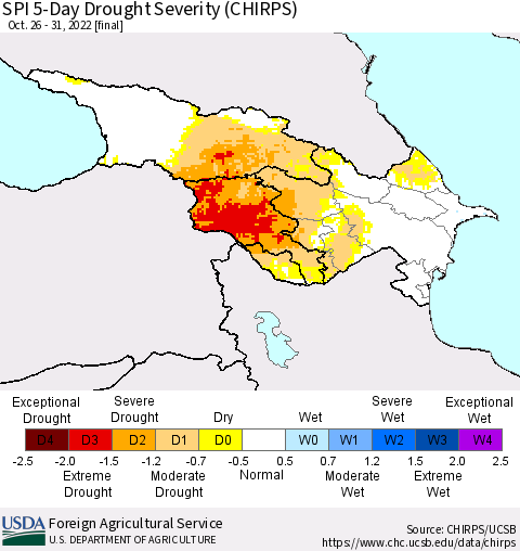 Azerbaijan, Armenia and Georgia SPI 5-Day Drought Severity (CHIRPS) Thematic Map For 10/26/2022 - 10/31/2022