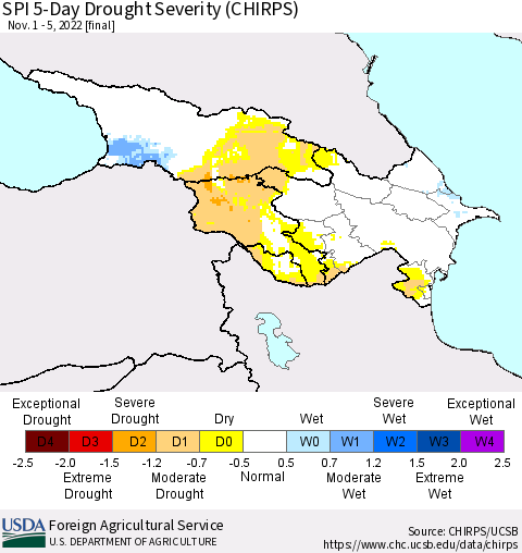 Azerbaijan, Armenia and Georgia SPI 5-Day Drought Severity (CHIRPS) Thematic Map For 11/1/2022 - 11/5/2022