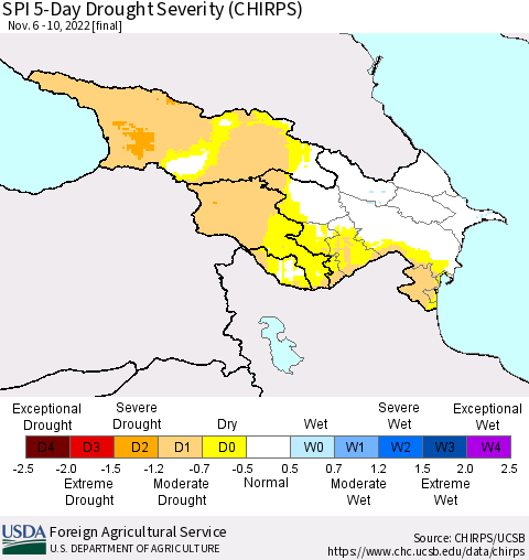Azerbaijan, Armenia and Georgia SPI 5-Day Drought Severity (CHIRPS) Thematic Map For 11/6/2022 - 11/10/2022