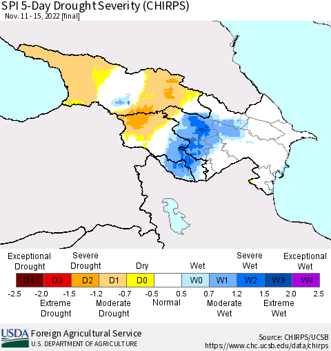Azerbaijan, Armenia and Georgia SPI 5-Day Drought Severity (CHIRPS) Thematic Map For 11/11/2022 - 11/15/2022