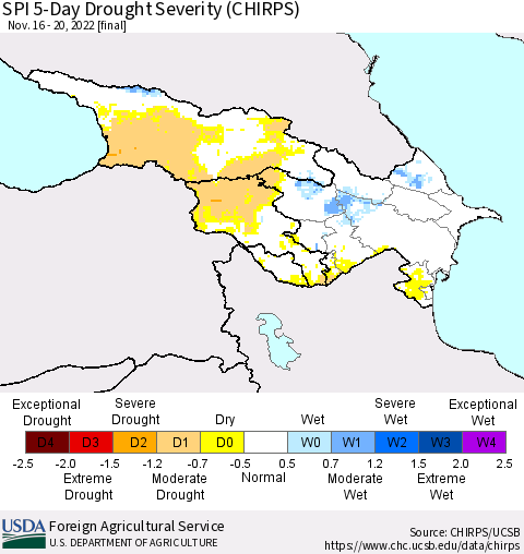Azerbaijan, Armenia and Georgia SPI 5-Day Drought Severity (CHIRPS) Thematic Map For 11/16/2022 - 11/20/2022