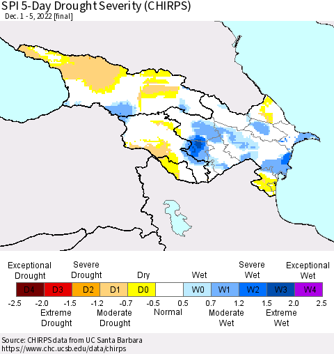 Azerbaijan, Armenia and Georgia SPI 5-Day Drought Severity (CHIRPS) Thematic Map For 12/1/2022 - 12/5/2022