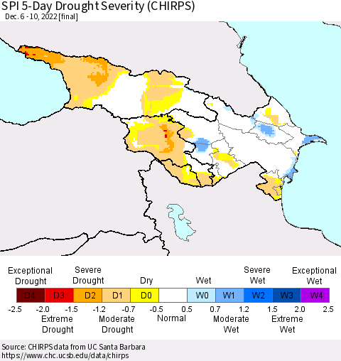 Azerbaijan, Armenia and Georgia SPI 5-Day Drought Severity (CHIRPS) Thematic Map For 12/6/2022 - 12/10/2022