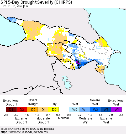 Azerbaijan, Armenia and Georgia SPI 5-Day Drought Severity (CHIRPS) Thematic Map For 12/11/2022 - 12/15/2022