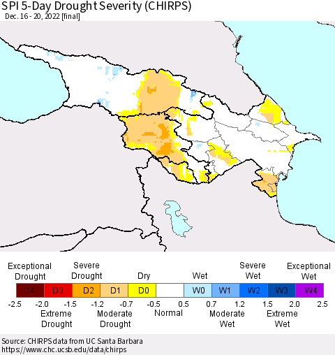 Azerbaijan, Armenia and Georgia SPI 5-Day Drought Severity (CHIRPS) Thematic Map For 12/16/2022 - 12/20/2022