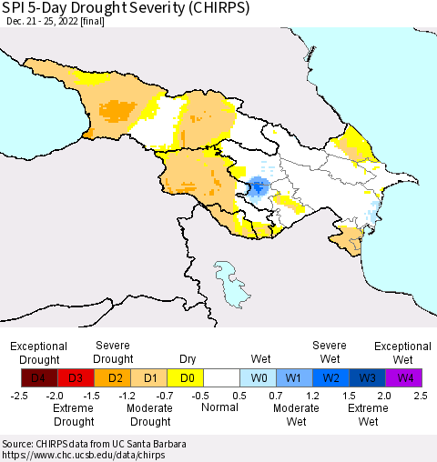 Azerbaijan, Armenia and Georgia SPI 5-Day Drought Severity (CHIRPS) Thematic Map For 12/21/2022 - 12/25/2022