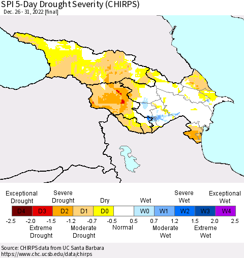 Azerbaijan, Armenia and Georgia SPI 5-Day Drought Severity (CHIRPS) Thematic Map For 12/26/2022 - 12/31/2022