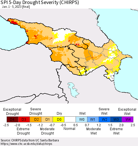 Azerbaijan, Armenia and Georgia SPI 5-Day Drought Severity (CHIRPS) Thematic Map For 1/1/2023 - 1/5/2023