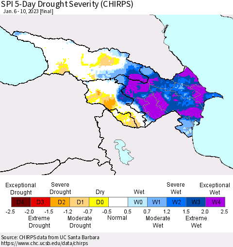 Azerbaijan, Armenia and Georgia SPI 5-Day Drought Severity (CHIRPS) Thematic Map For 1/6/2023 - 1/10/2023