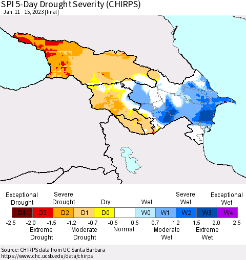 Azerbaijan, Armenia and Georgia SPI 5-Day Drought Severity (CHIRPS) Thematic Map For 1/11/2023 - 1/15/2023