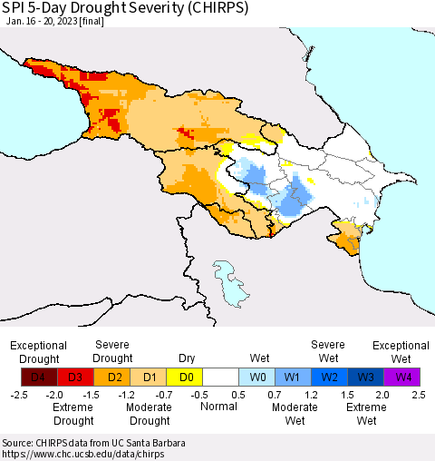 Azerbaijan, Armenia and Georgia SPI 5-Day Drought Severity (CHIRPS) Thematic Map For 1/16/2023 - 1/20/2023