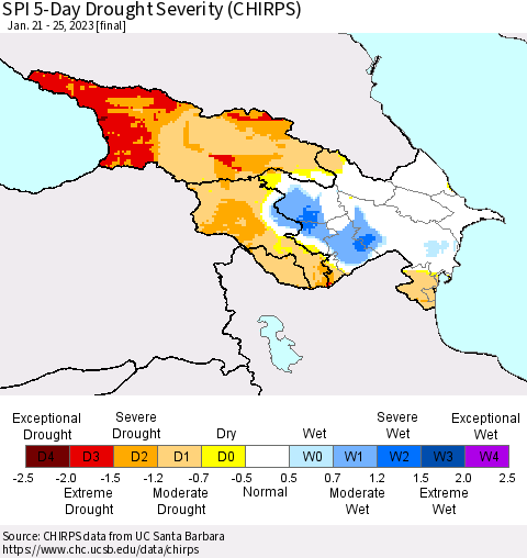Azerbaijan, Armenia and Georgia SPI 5-Day Drought Severity (CHIRPS) Thematic Map For 1/21/2023 - 1/25/2023