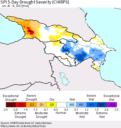 Azerbaijan, Armenia and Georgia SPI 5-Day Drought Severity (CHIRPS) Thematic Map For 1/26/2023 - 1/31/2023