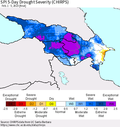 Azerbaijan, Armenia and Georgia SPI 5-Day Drought Severity (CHIRPS) Thematic Map For 2/1/2023 - 2/5/2023