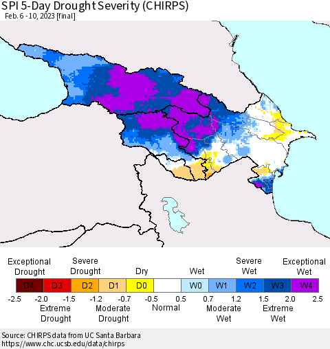Azerbaijan, Armenia and Georgia SPI 5-Day Drought Severity (CHIRPS) Thematic Map For 2/6/2023 - 2/10/2023