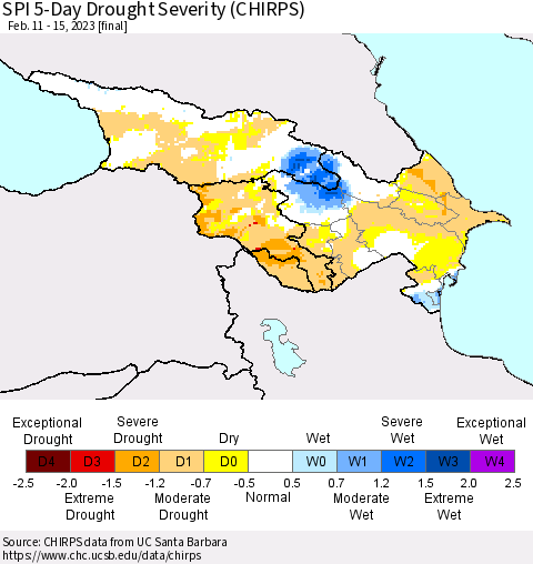Azerbaijan, Armenia and Georgia SPI 5-Day Drought Severity (CHIRPS) Thematic Map For 2/11/2023 - 2/15/2023