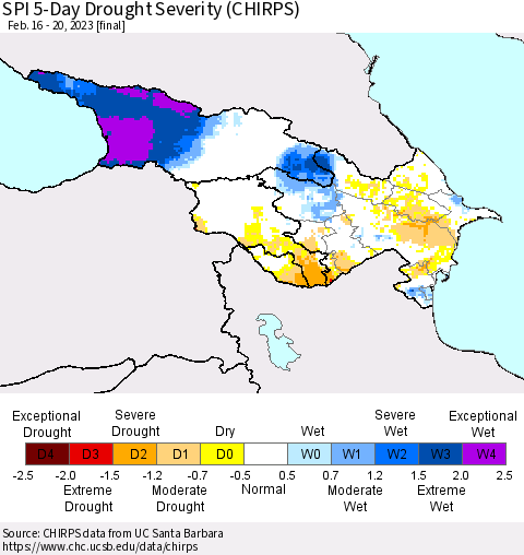 Azerbaijan, Armenia and Georgia SPI 5-Day Drought Severity (CHIRPS) Thematic Map For 2/16/2023 - 2/20/2023
