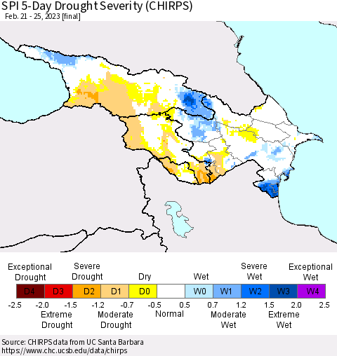 Azerbaijan, Armenia and Georgia SPI 5-Day Drought Severity (CHIRPS) Thematic Map For 2/21/2023 - 2/25/2023