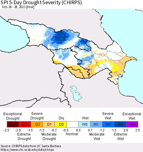 Azerbaijan, Armenia and Georgia SPI 5-Day Drought Severity (CHIRPS) Thematic Map For 2/26/2023 - 2/28/2023