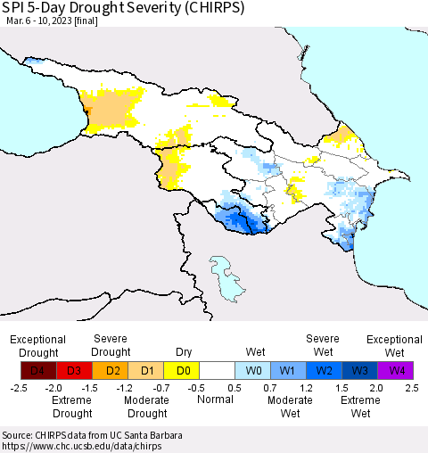 Azerbaijan, Armenia and Georgia SPI 5-Day Drought Severity (CHIRPS) Thematic Map For 3/6/2023 - 3/10/2023
