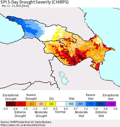 Azerbaijan, Armenia and Georgia SPI 5-Day Drought Severity (CHIRPS) Thematic Map For 3/11/2023 - 3/15/2023