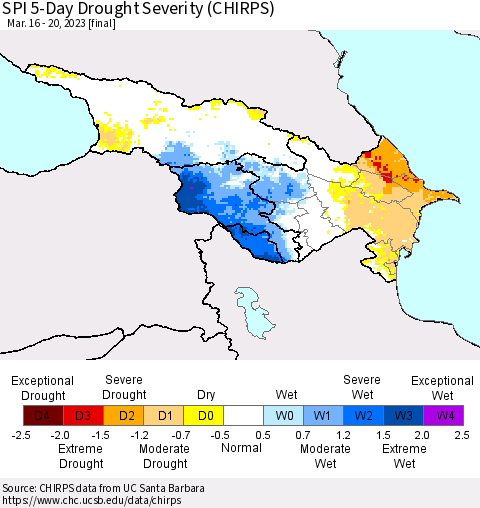 Azerbaijan, Armenia and Georgia SPI 5-Day Drought Severity (CHIRPS) Thematic Map For 3/16/2023 - 3/20/2023
