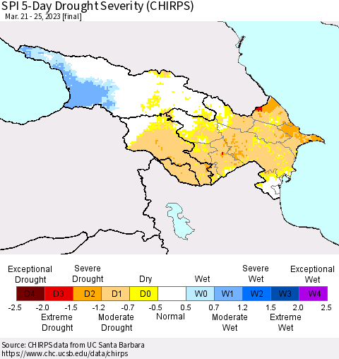Azerbaijan, Armenia and Georgia SPI 5-Day Drought Severity (CHIRPS) Thematic Map For 3/21/2023 - 3/25/2023