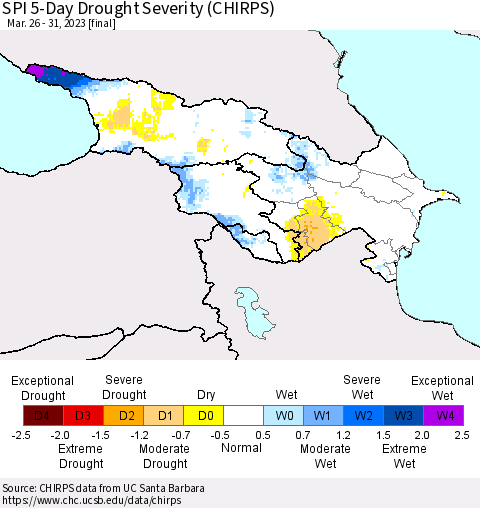 Azerbaijan, Armenia and Georgia SPI 5-Day Drought Severity (CHIRPS) Thematic Map For 3/26/2023 - 3/31/2023