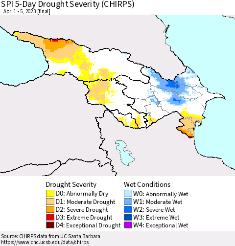 Azerbaijan, Armenia and Georgia SPI 5-Day Drought Severity (CHIRPS) Thematic Map For 4/1/2023 - 4/5/2023
