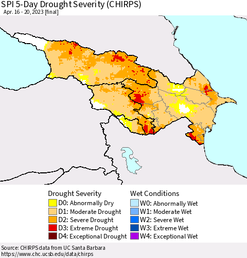 Azerbaijan, Armenia and Georgia SPI 5-Day Drought Severity (CHIRPS) Thematic Map For 4/16/2023 - 4/20/2023