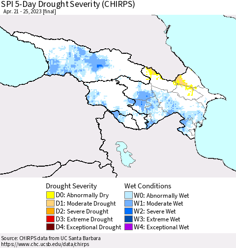 Azerbaijan, Armenia and Georgia SPI 5-Day Drought Severity (CHIRPS) Thematic Map For 4/21/2023 - 4/25/2023