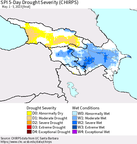 Azerbaijan, Armenia and Georgia SPI 5-Day Drought Severity (CHIRPS) Thematic Map For 5/1/2023 - 5/5/2023