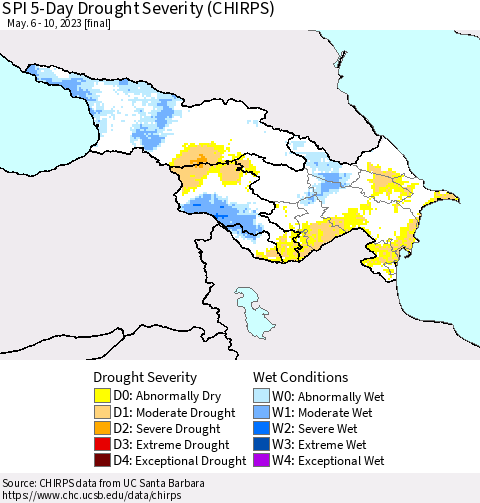 Azerbaijan, Armenia and Georgia SPI 5-Day Drought Severity (CHIRPS) Thematic Map For 5/6/2023 - 5/10/2023