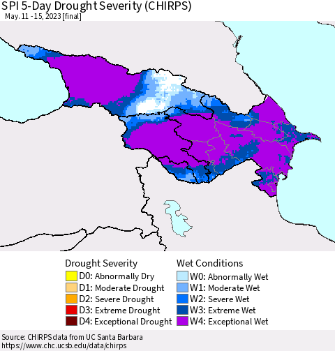 Azerbaijan, Armenia and Georgia SPI 5-Day Drought Severity (CHIRPS) Thematic Map For 5/11/2023 - 5/15/2023