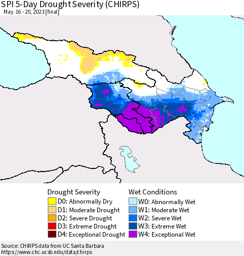 Azerbaijan, Armenia and Georgia SPI 5-Day Drought Severity (CHIRPS) Thematic Map For 5/16/2023 - 5/20/2023