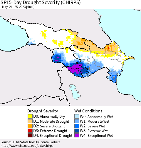 Azerbaijan, Armenia and Georgia SPI 5-Day Drought Severity (CHIRPS) Thematic Map For 5/21/2023 - 5/25/2023