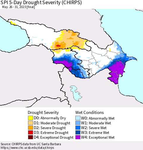 Azerbaijan, Armenia and Georgia SPI 5-Day Drought Severity (CHIRPS) Thematic Map For 5/26/2023 - 5/31/2023