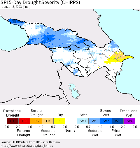 Azerbaijan, Armenia and Georgia SPI 5-Day Drought Severity (CHIRPS) Thematic Map For 6/1/2023 - 6/5/2023