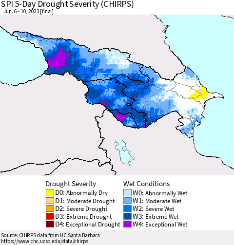 Azerbaijan, Armenia and Georgia SPI 5-Day Drought Severity (CHIRPS) Thematic Map For 6/6/2023 - 6/10/2023