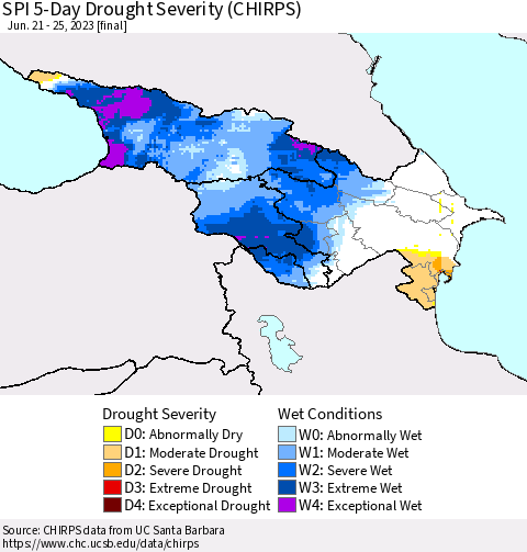 Azerbaijan, Armenia and Georgia SPI 5-Day Drought Severity (CHIRPS) Thematic Map For 6/21/2023 - 6/25/2023
