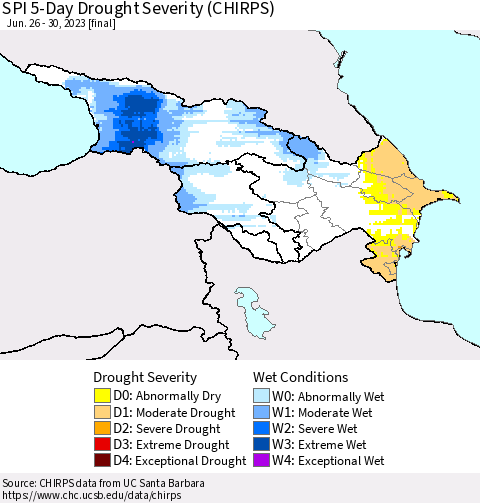 Azerbaijan, Armenia and Georgia SPI 5-Day Drought Severity (CHIRPS) Thematic Map For 6/26/2023 - 6/30/2023