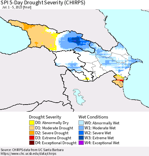 Azerbaijan, Armenia and Georgia SPI 5-Day Drought Severity (CHIRPS) Thematic Map For 7/1/2023 - 7/5/2023