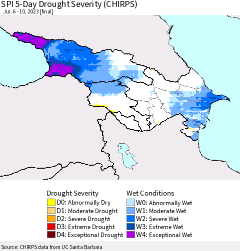 Azerbaijan, Armenia and Georgia SPI 5-Day Drought Severity (CHIRPS) Thematic Map For 7/6/2023 - 7/10/2023