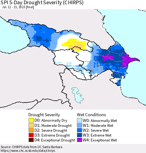 Azerbaijan, Armenia and Georgia SPI 5-Day Drought Severity (CHIRPS) Thematic Map For 7/11/2023 - 7/15/2023