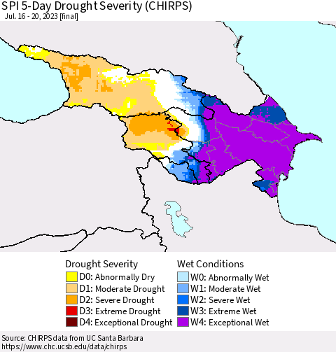 Azerbaijan, Armenia and Georgia SPI 5-Day Drought Severity (CHIRPS) Thematic Map For 7/16/2023 - 7/20/2023